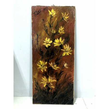 DIPINTO OLIO TELA Pintor NATURA MORTA GIRASOLI SELVATICI FIORI GIALLI CALTIGNAGA