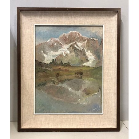 ANTICO QUADRO OLIO TELA Magnini Corso PAESAGGIO MONTANO Monte Bianco 