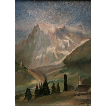 ANTICO QUADRO OLIO TELA C. Magnini PAESAGGIO Alpino Monte Bianco MONT BLANC 1965