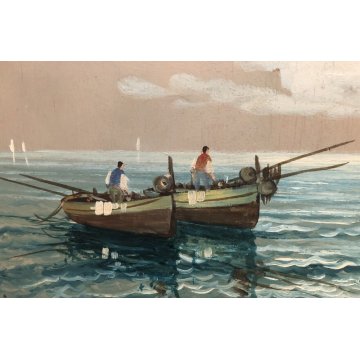 ANTICO QUADRO DIPINTO OLIO TAVOLA MARINA PESCATORI PESCHERECCI VELE 