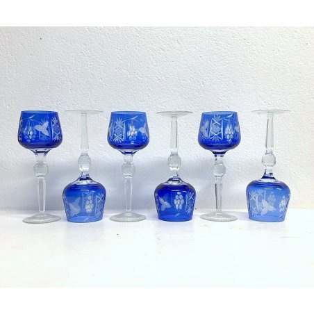 SET 6 BICCHIERI CALICE VINO CRISTALLO MOLATO BLU COBALTO VERRES VINTAGE ANNI '50