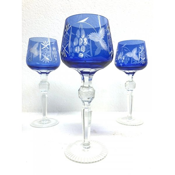 SET 6 BICCHIERI CALICE VINO CRISTALLO MOLATO BLU COBALTO VERRES VINTAGE  ANNI '50