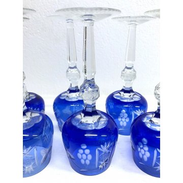 SET 6 BICCHIERI CALICE VINO CRISTALLO MOLATO BLU COBALTO VERRES VINTAGE ANNI '50