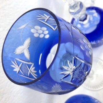 SET 6 BICCHIERI CALICE VINO CRISTALLO MOLATO BLU COBALTO VERRES VINTAGE ANNI '50