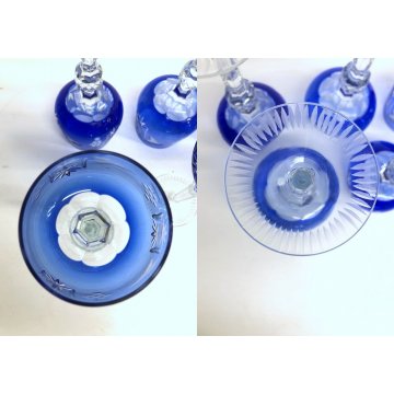 SET 6 BICCHIERI CALICE VINO CRISTALLO MOLATO BLU COBALTO VERRES VINTAGE ANNI '50