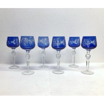 SET 6 BICCHIERI CALICE VINO CRISTALLO MOLATO BLU COBALTO VERRES VINTAGE ANNI '50