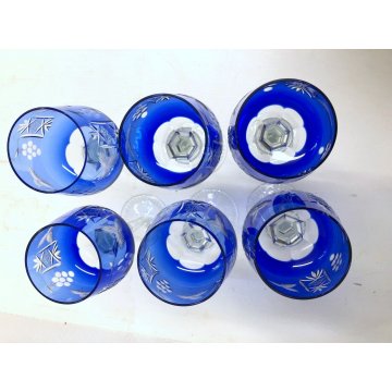 SET 6 BICCHIERI CALICE VINO CRISTALLO MOLATO BLU COBALTO VERRES VINTAGE ANNI '50