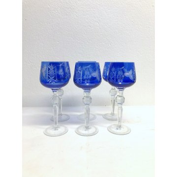 SET 6 BICCHIERI CALICE VINO CRISTALLO MOLATO BLU COBALTO VERRES VINTAGE ANNI '50