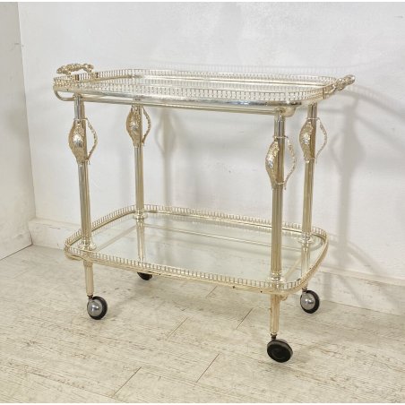 ANTICO CARRELLO BAR ESPOSITORE CART SERVING TABLE ANNI 40/50 ARGENTO METALLO 