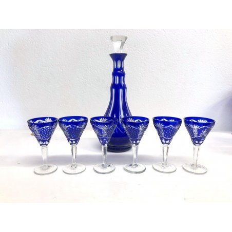 SET BOTTIGLIA ROSOLIO 6 BICCHIERI CRISTALLO MOLATO CUT BLU COBALTO CLEAR GLASS 