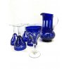 SET CARAFFA 5 BICCHIERI CRISTALLO BOEMIA MOLATO CUT BLU COBALTO CLEAR GLASS '900