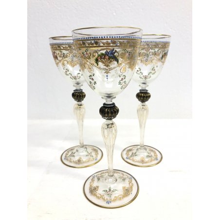 SET 3 ANTICO CALICE VETRO Murano DIPINTO A MANO AVVENTURINE ORO ZECCHINO VINTAGE