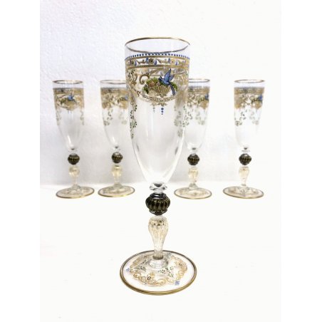 SET 5 ANTICO CALICE CHAMPAGNE VETRO Murano DIPINTO A MANO ORO ZECCHINO VINTAGE