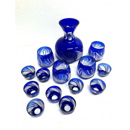 SET BOTTIGLIA 4 BICCHIERI 9 BICCHIERINI CRISTALLO BLU COBALTO CUT CLEAR GLASS