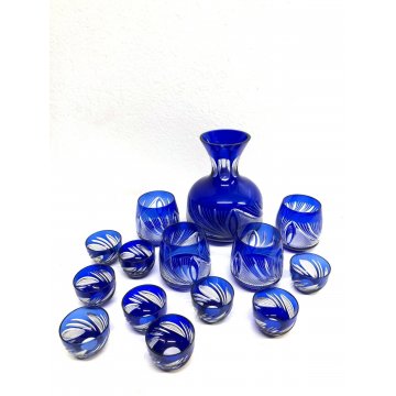 SET BOTTIGLIA 4 BICCHIERI 9 BICCHIERINI CRISTALLO BLU COBALTO CUT CLEAR GLASS