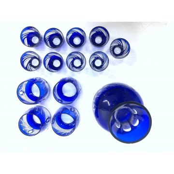 SET BOTTIGLIA 4 BICCHIERI 9 BICCHIERINI CRISTALLO BLU COBALTO CUT CLEAR GLASS