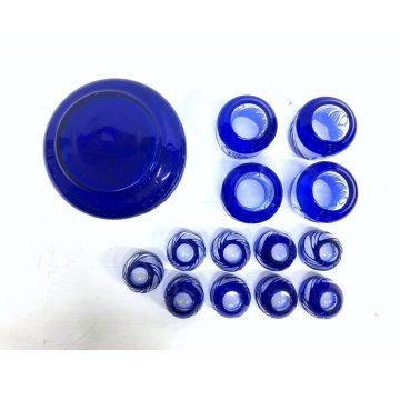 SET BOTTIGLIA 4 BICCHIERI 9 BICCHIERINI CRISTALLO BLU COBALTO CUT CLEAR GLASS