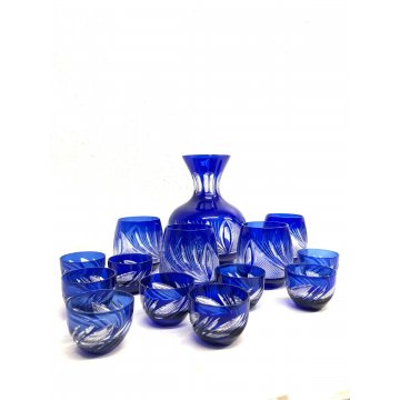 SET BOTTIGLIA 4 BICCHIERI 9 BICCHIERINI CRISTALLO BLU COBALTO CUT CLEAR GLASS