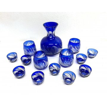 SET BOTTIGLIA 4 BICCHIERI 9 BICCHIERINI CRISTALLO BLU COBALTO CUT CLEAR GLASS