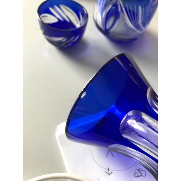 SET BOTTIGLIA 4 BICCHIERI 9 BICCHIERINI CRISTALLO BLU COBALTO CUT CLEAR GLASS