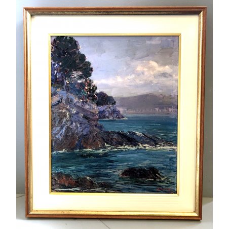 DIPINTO OLIO TAVOLA Ettore Morteo MARINA PAESGGIO RIVIERA LIGURE IMPRESSIONISTA