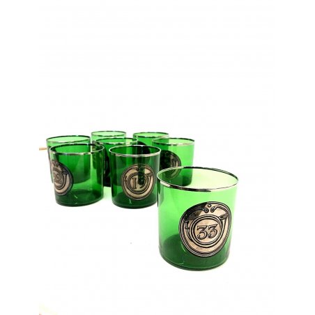 SET 8 BICCHIERI VINTAGE VETRO VERDE TRASP. BORDATO DECORATO NUMERO ARGENTO GLASS
