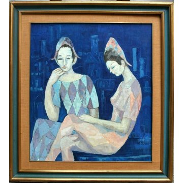 GRANDE QUADRO DIPINTO OLIO SU TELA Max Dissar Les Arlequins de Sienne EPOCA 1970