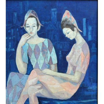 GRANDE QUADRO DIPINTO OLIO SU TELA Max Dissar Les Arlequins de Sienne EPOCA 1970