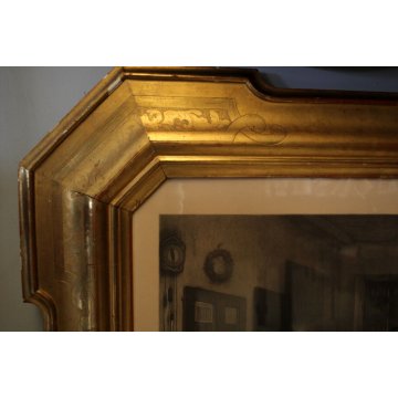 ANTICA GRANDE CORNICE SPECCHIERA VASSOIO '800 DECORO BULINO FOGLIA ORO STAMPA