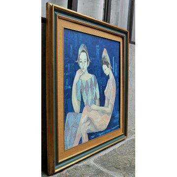 GRANDE QUADRO DIPINTO OLIO SU TELA Max Dissar Les Arlequins de Sienne EPOCA 1970