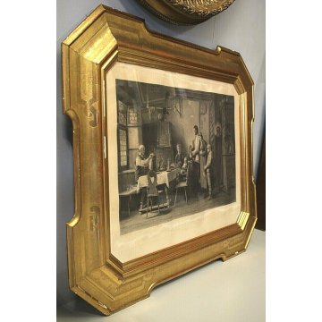 ANTICA GRANDE CORNICE SPECCHIERA VASSOIO 800 DECORO BULINO FOGLIA ORO LITOGRAFIA