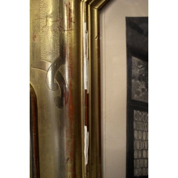ANTICA GRANDE CORNICE SPECCHIERA VASSOIO 800 DECORO BULINO FOGLIA ORO LITOGRAFIA