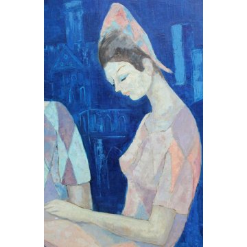 GRANDE QUADRO DIPINTO OLIO SU TELA Max Dissar Les Arlequins de Sienne EPOCA 1970