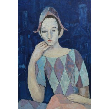 GRANDE QUADRO DIPINTO OLIO SU TELA Max Dissar Les Arlequins de Sienne EPOCA 1970