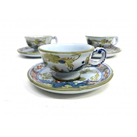 ANTICO SET 4 TAZZE 3 PIATTINI CAFFE MAIOLICA Imola DECORO FIORI FOGLIE POLICROMO