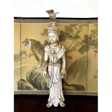 ANTICA SCULTURA TERRACOTTA SMALTATA STATUA Guanyin FIGURA DEA MITOLOGIA CINESE