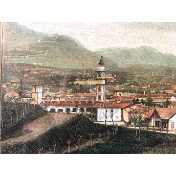STAMPA ANTICA LITOGRAFIA ACQUERELLATA Panorama di Varese 1897