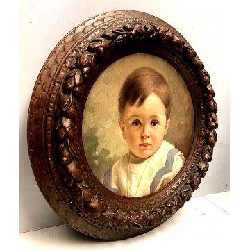 ANTICO QUADRO TONDO OLIO TAVOLA Rossaro Ferdinando RITRATTO BIMBO EPOCA '800  