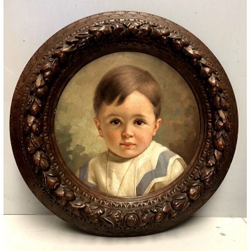 ANTICO QUADRO TONDO OLIO TAVOLA Rossaro Ferdinando RITRATTO BIMBO EPOCA '800  