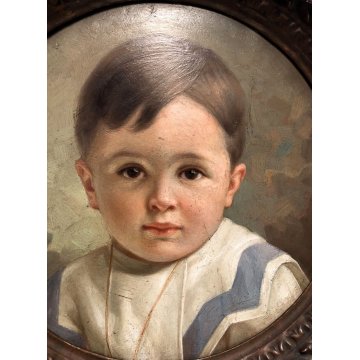 ANTICO QUADRO TONDO OLIO TAVOLA Rossaro Ferdinando RITRATTO BIMBO EPOCA '800  