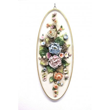 PORCELLANA CAPODIMONTE FORMELLA DIPINTA A MANO BOUQUET FLEURS FIORI  ROSE '900