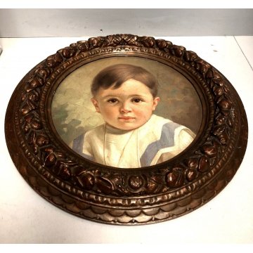 ANTICO QUADRO TONDO OLIO TAVOLA Rossaro Ferdinando RITRATTO BIMBO EPOCA '800  