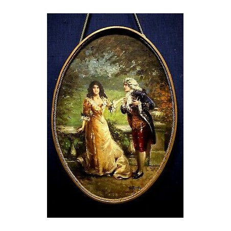  ANTICO DIPINTO OVALE Umberto Zini RITRATTO ROMANTICO GIARDINO VENEZIA ITALY 800