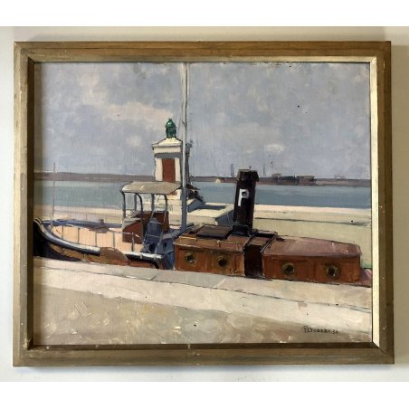 ANTICO DIPINTO OLIO TAVOLA P. Dodero PORTO GENOVA PAESAGGIO PORTUALE BARCHE1934