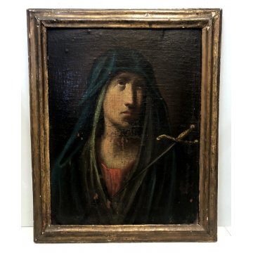 ANTICO DIPINTO OLIO TELA su TAVOLA MADONNA ADDOLORATA SPADA CUORE RELIGIOSO '600