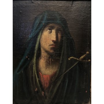 ANTICO DIPINTO OLIO TELA su TAVOLA MADONNA ADDOLORATA SPADA CUORE RELIGIOSO '600