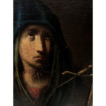 ANTICO DIPINTO OLIO TELA su TAVOLA MADONNA ADDOLORATA SPADA CUORE RELIGIOSO '600