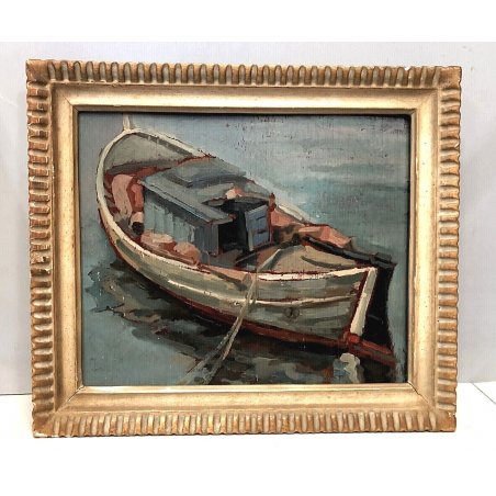 ANTICO DIPINTO OLIO TAVOLA MARINA PESCHERECCIO BARCA PESCA Primo '900