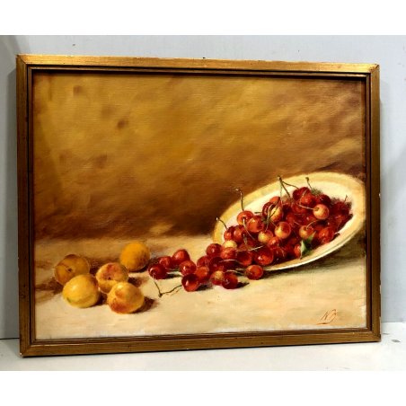 QUADRO OLIO Nino Belotti NATURA MORTA FRUTTA RACCOLTO CILIEGIE ALBICOCCHE '900