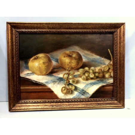 QUADRO OLIO Nino Belotti NATURA MORTA AUTUNNO  FRUTTA MELE GRAPPOLI UVA  '900